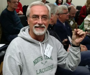 Bill Dickerson won the beautiful pencil made by Linda's father!