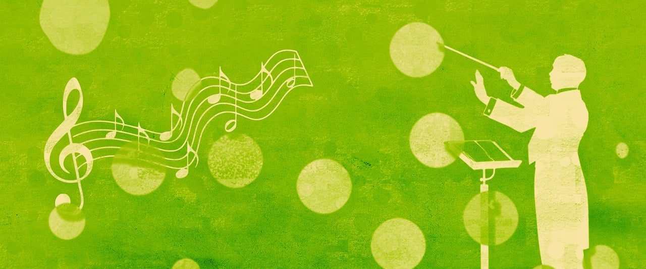 musical, music, conductor, maestro, musician, melody, sound, song, symphony, music notes, green, treble clef, sol key, relaxing smooth, confetti